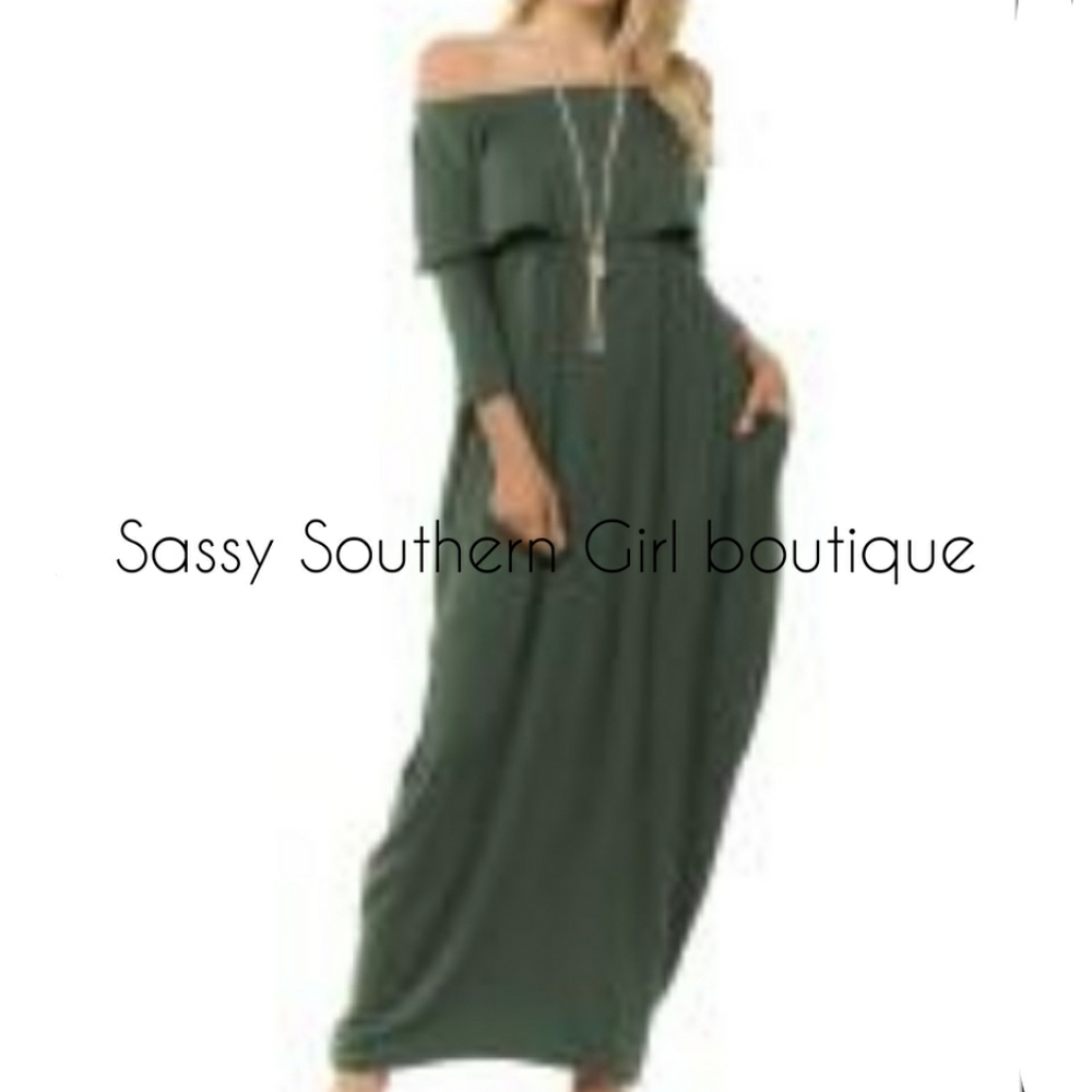 ⭐🆕 Boho Olive green off shoulder maxi dress - Picture 3 of 9